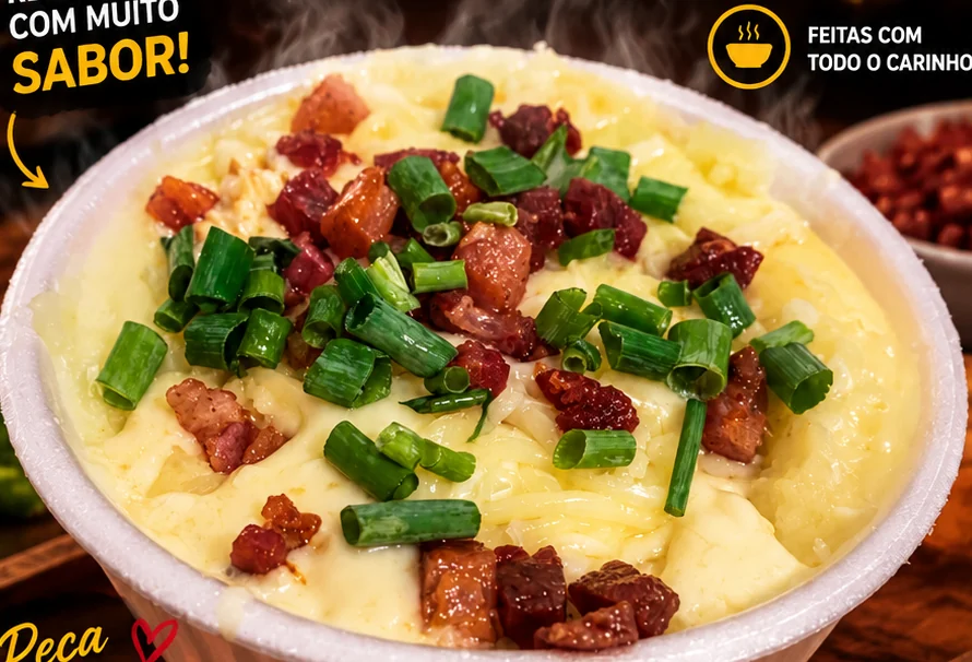 Batata recheada cremosa em uma embalagem, imagem promocional da Sabor Batatas